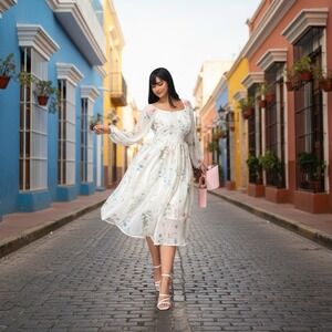 Dazy Womens Size XL Cream‎ Floral Chiffon Sheer Ethereal Coquette MIDI Dress NEW